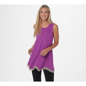LOGO Layers By Lori Goldstein US XS Knit Tunic Tank Top Rollercoaster Lace Hem